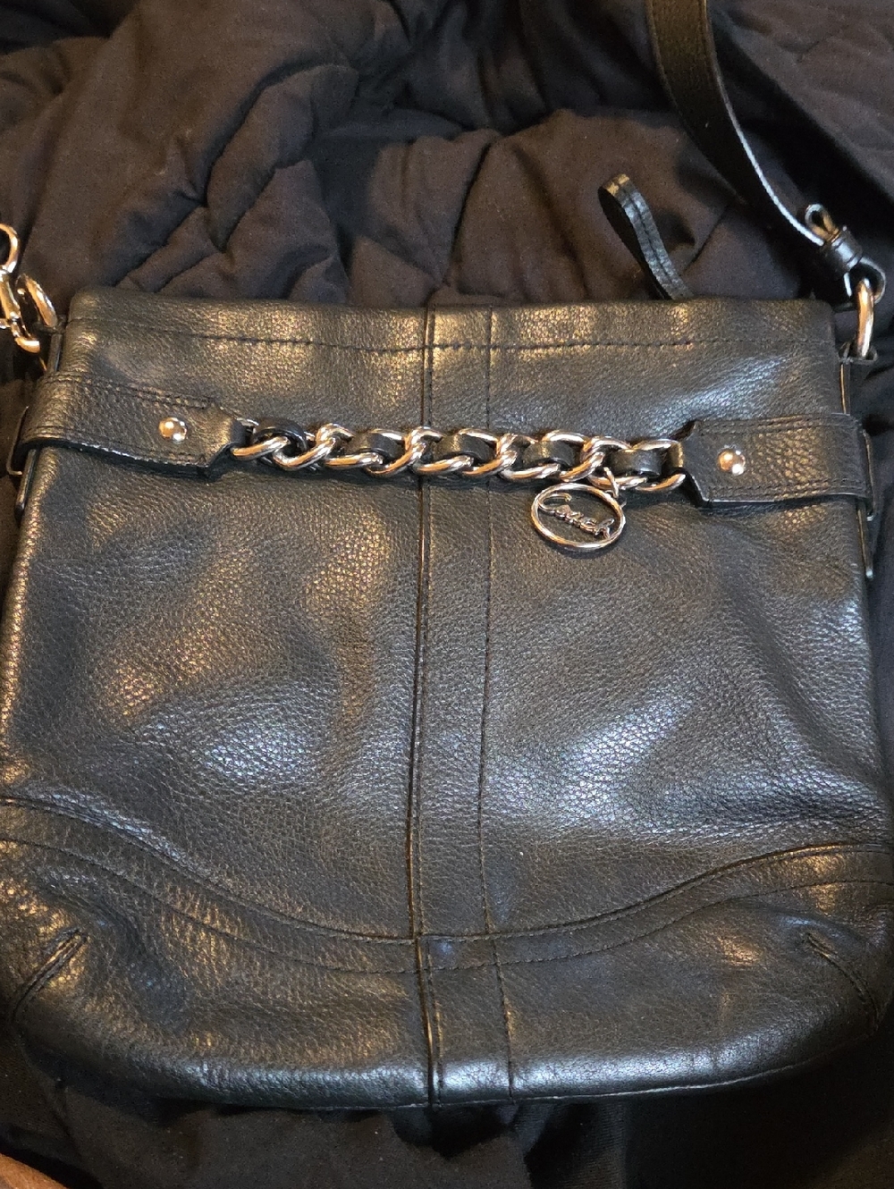Black Leather Shoulder Bag with Silver Chain Accent